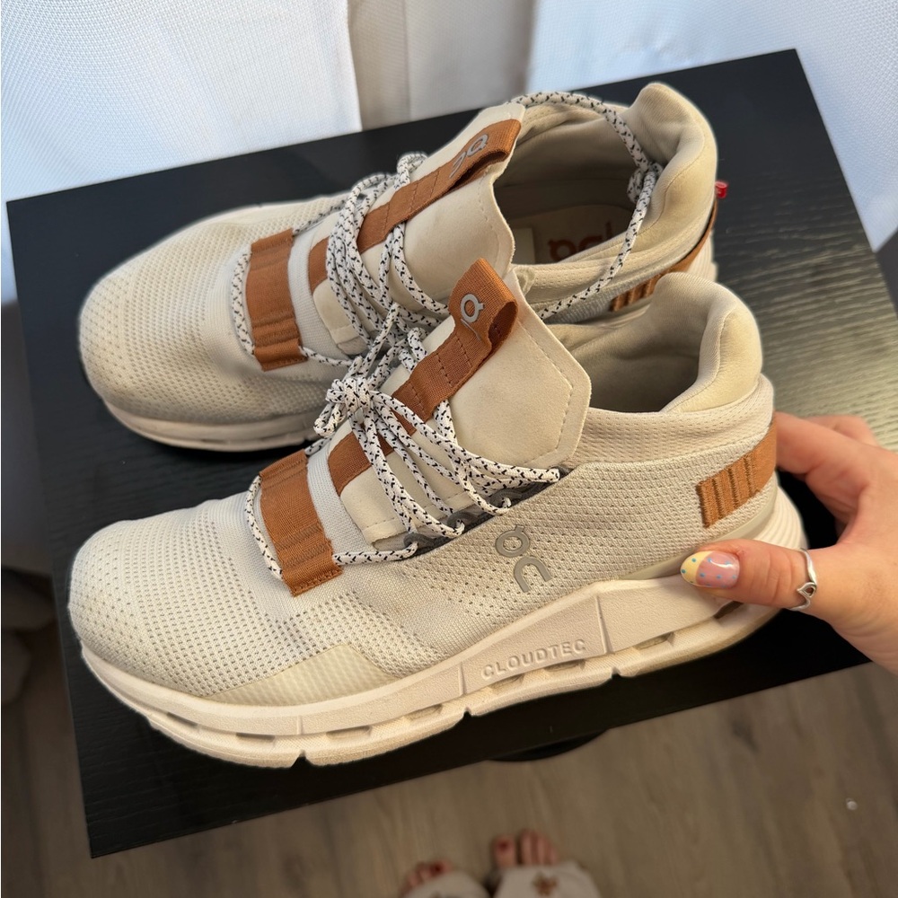 ON cloudnova Running Women's Athletic Sneakers in Cream with Tan Accents
